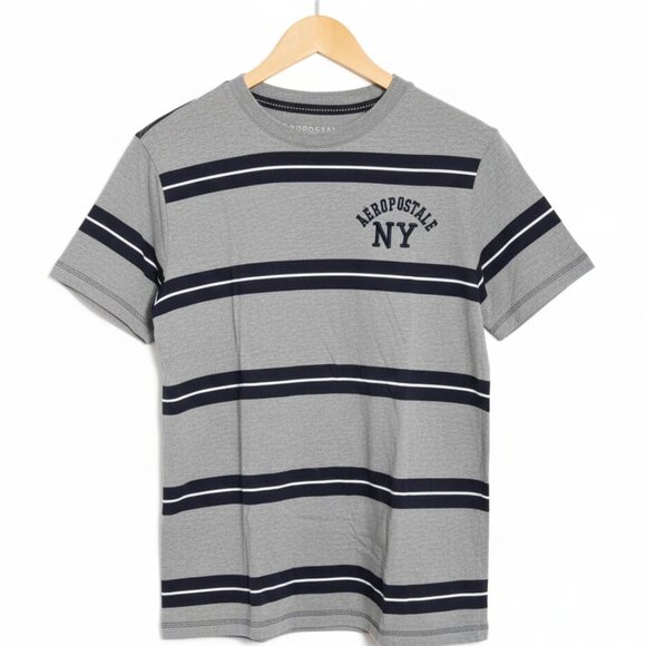 Aeropostale Striped Embroidered T Shirt Men's Medium Gray / Black - Picture 1 of 7